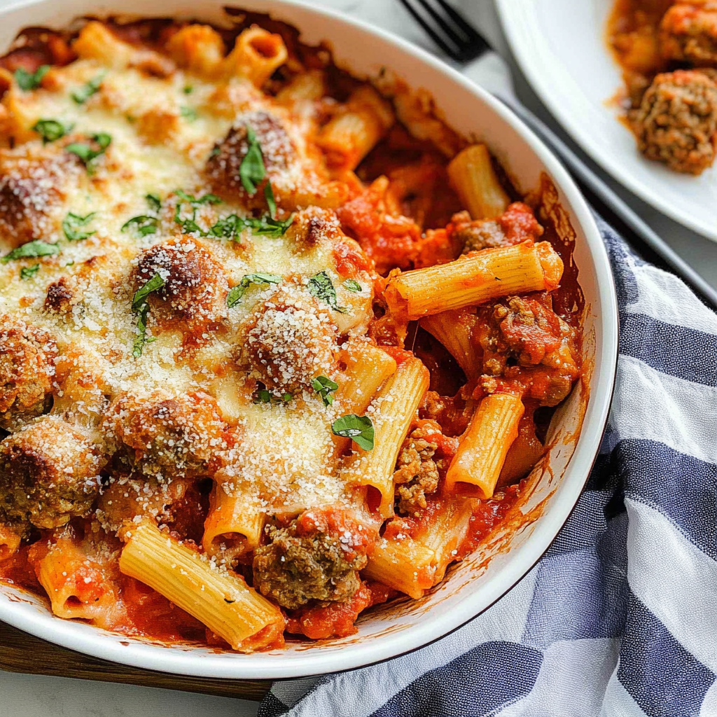 Recipe preparation for Cheesy Meatball Pasta Bake