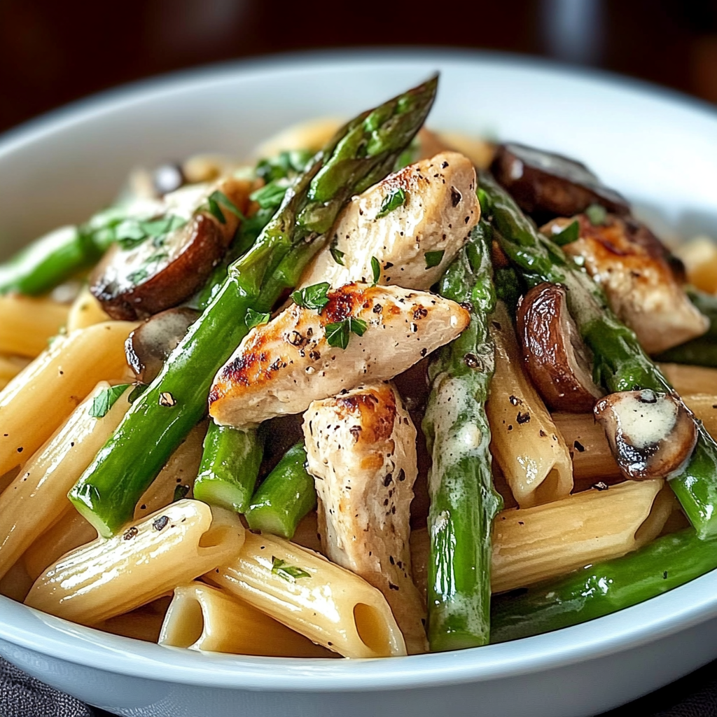 Recipe preparation for Mushroom Asparagus Chicken Penne