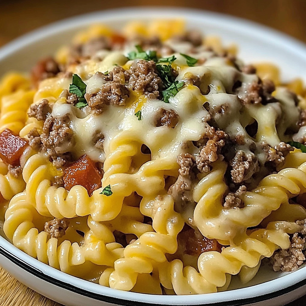 Recipe preparation for Cheeseburger Alfredo Pasta
