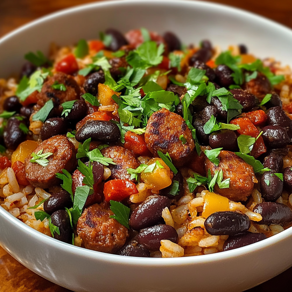 Recipe preparation for Black Beans and Rice with Sausage