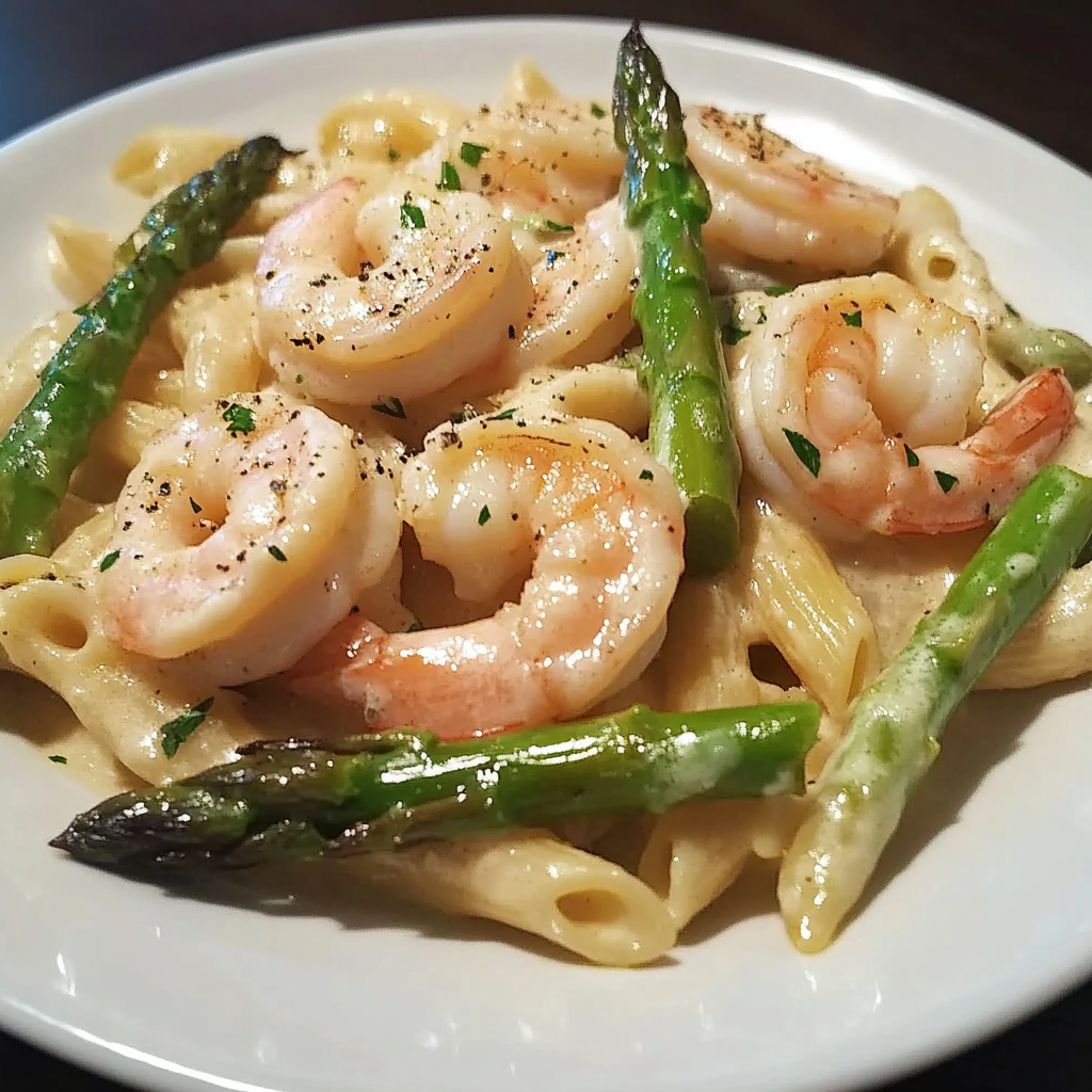 Recipe preparation for Creamy Shrimp and Asparagus Pasta