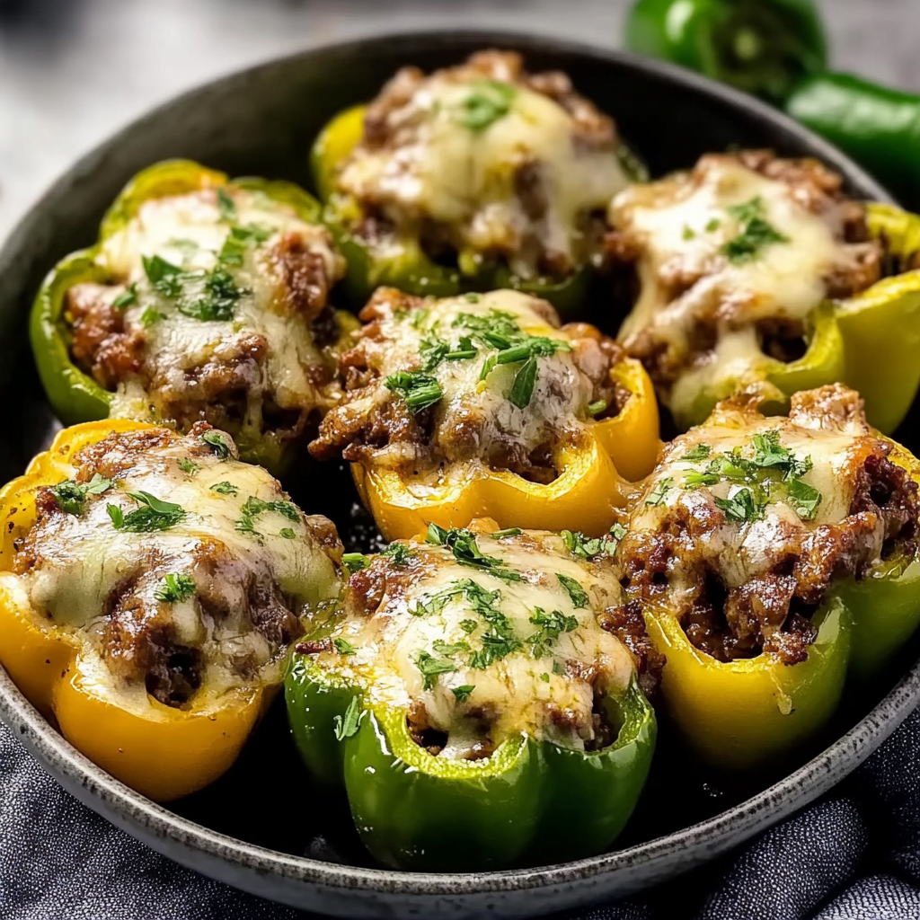 Recipe preparation for Philly Cheesesteak Stuffed Peppers