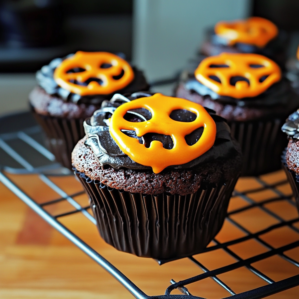 Recipe preparation for Spooky Jack-O-Lantern Cupcakes