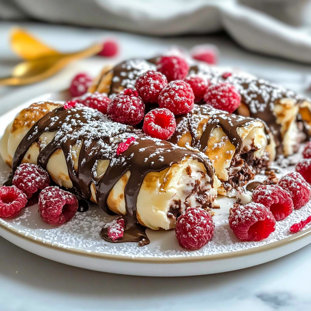 Recipe preparation for Raspberry Chocolate Cheesecake Crepe Rolls