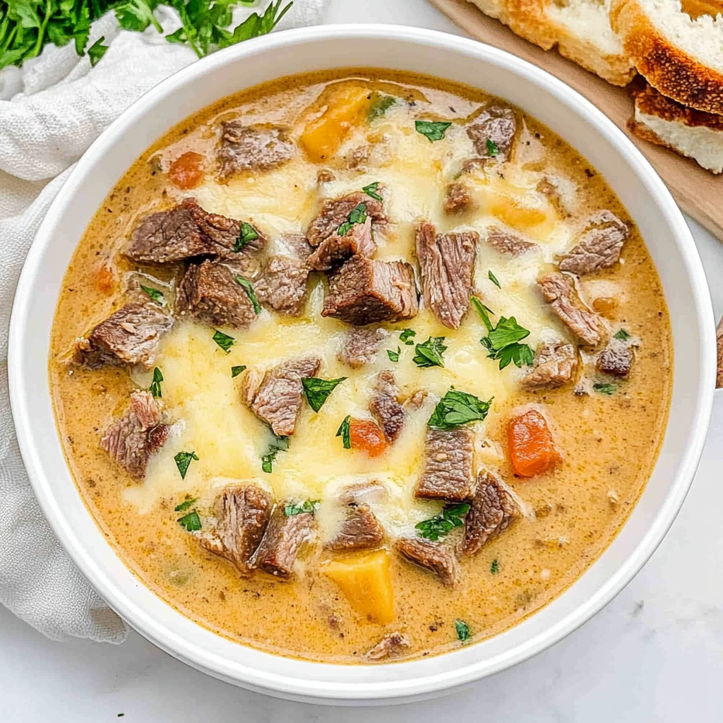 Recipe preparation for Creamy Philly Cheese Steak Soup