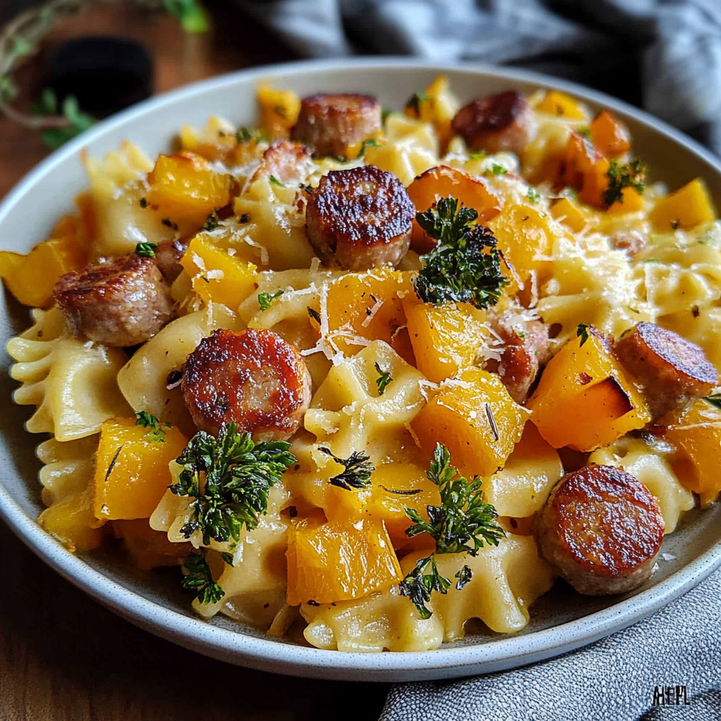 Recipe preparation for Autumn Sausage Pasta Squash
