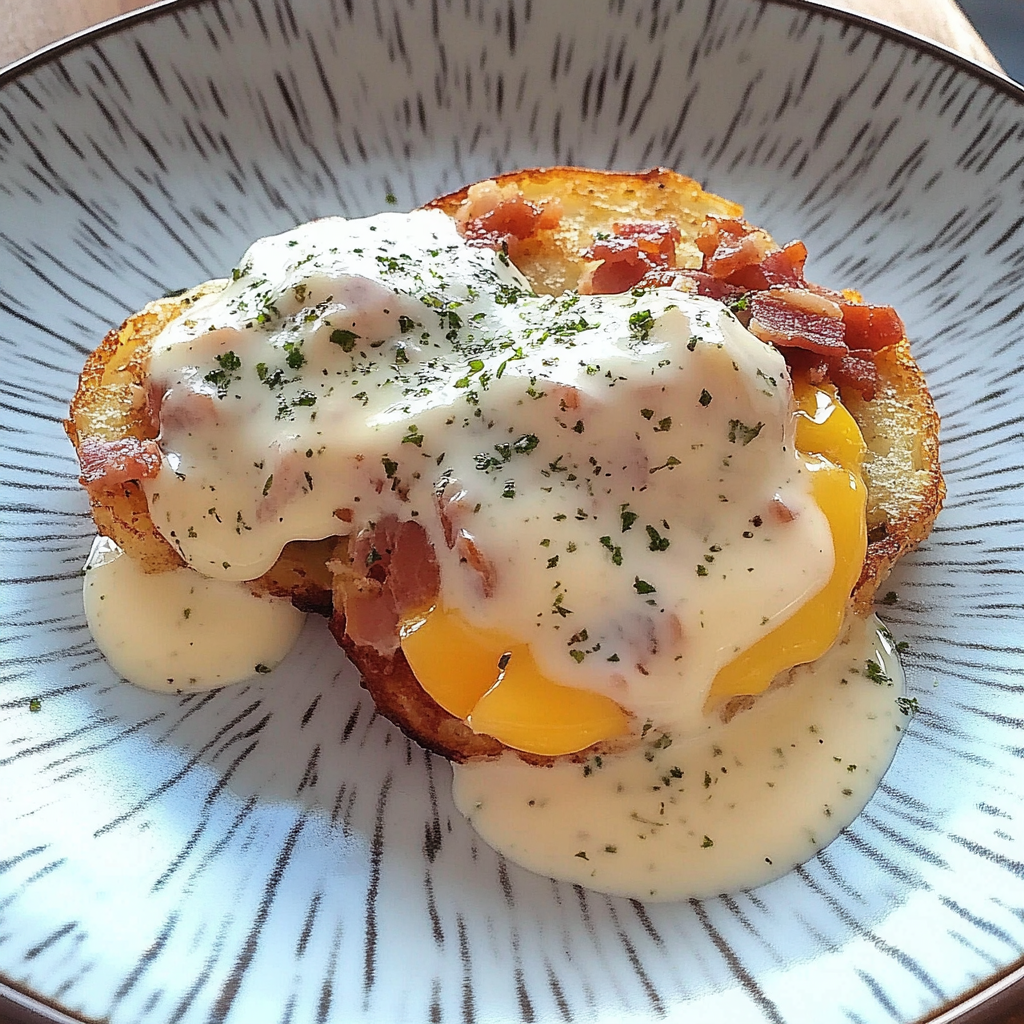 Recipe preparation for Egg Topped Hash Browns with Bacon Gravy