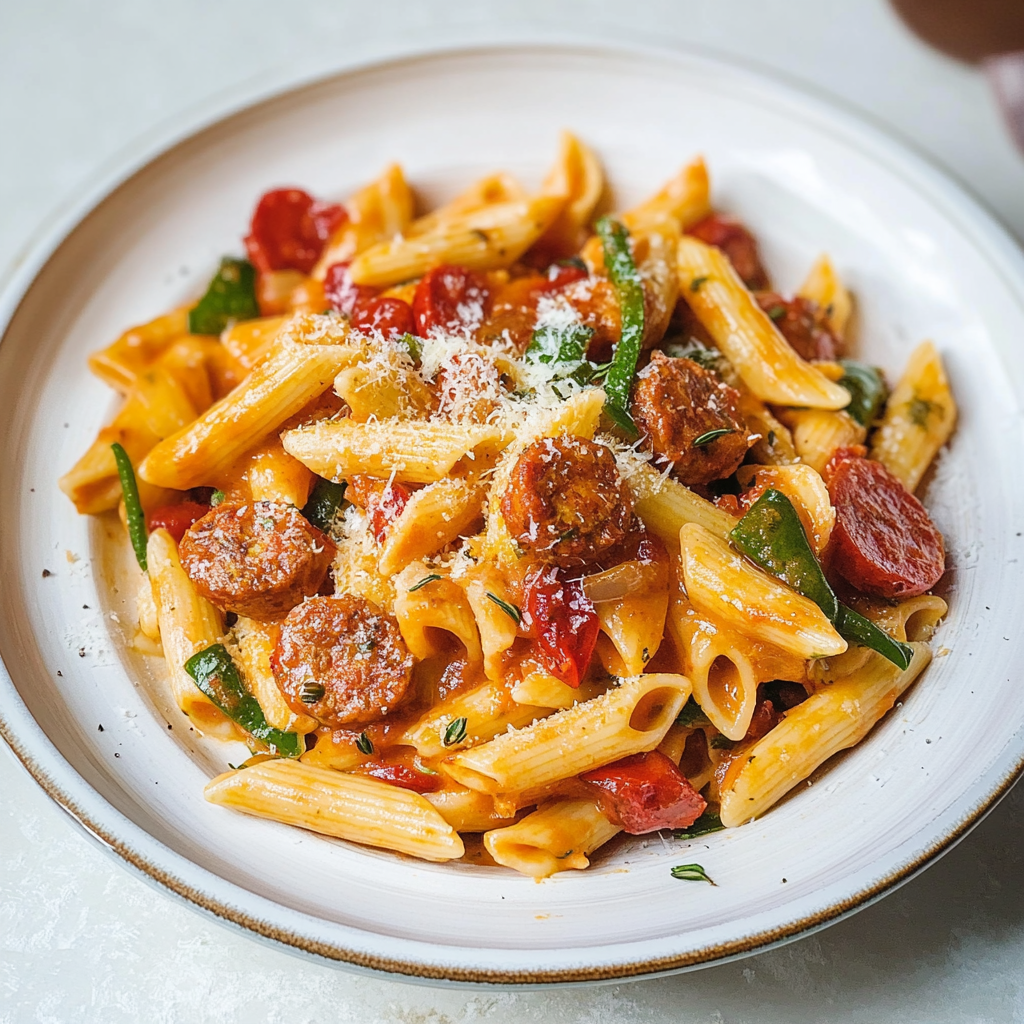Recipe preparation for Sweet Pepper Sausage Pasta