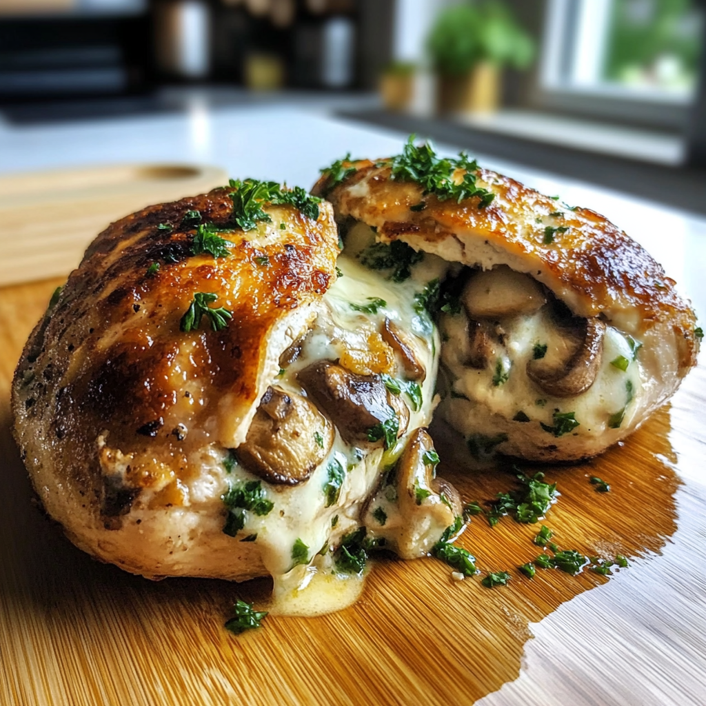 Recipe preparation for Cheesy Garlic Butter Mushroom Stuffed Chicken