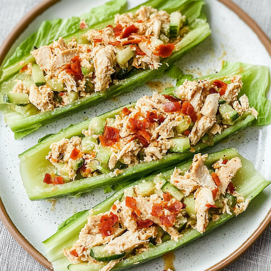 Recipe preparation for Bacon Ranch Chicken Salad Cucumber Boats