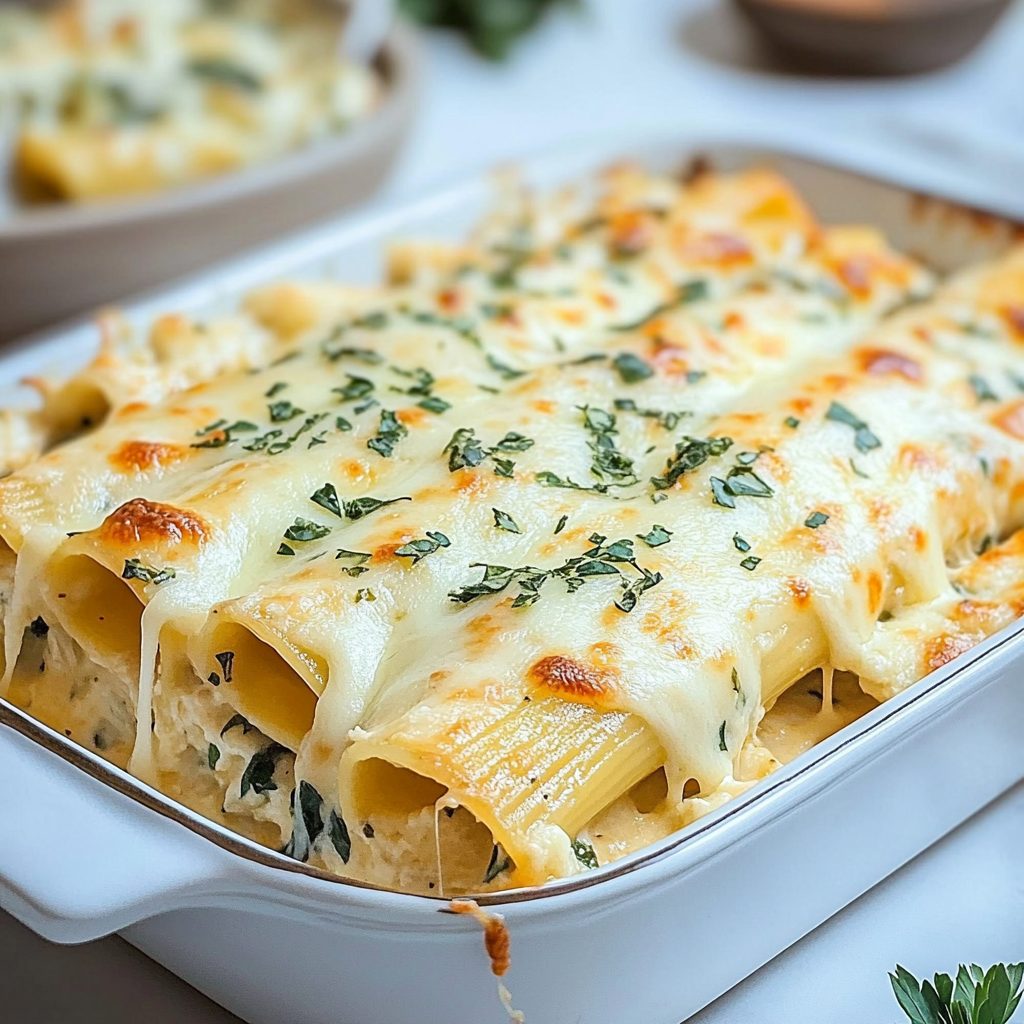 Recipe preparation for Chicken Manicotti Alfredo