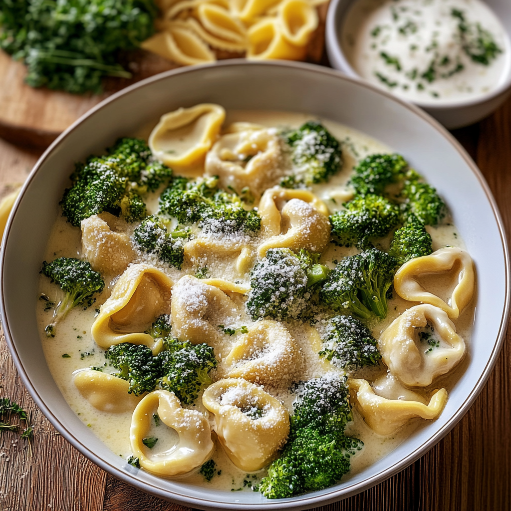 Recipe preparation for Creamy Tortellini with Chicken and Broccoli