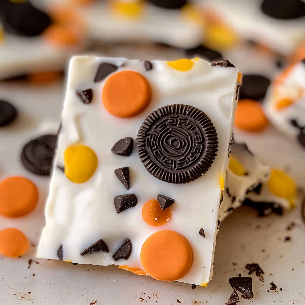 Recipe preparation for Easy White Chocolate Halloween Oreo Bark