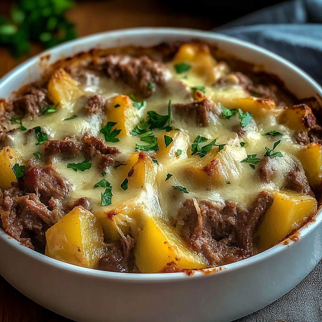 Recipe preparation for Cheesy Steak and Potato Bake