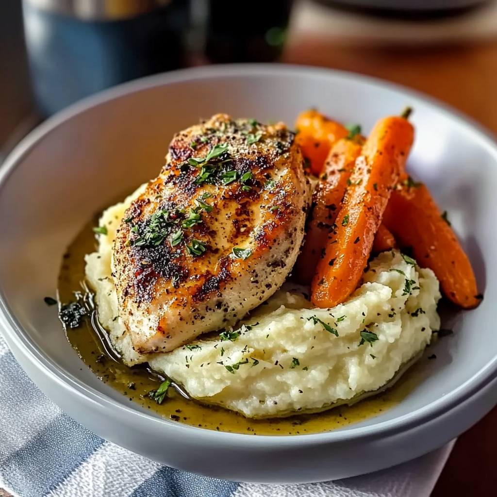 Recipe preparation for Garlic Herb chicken with creamy mash & roastedarlic carrots