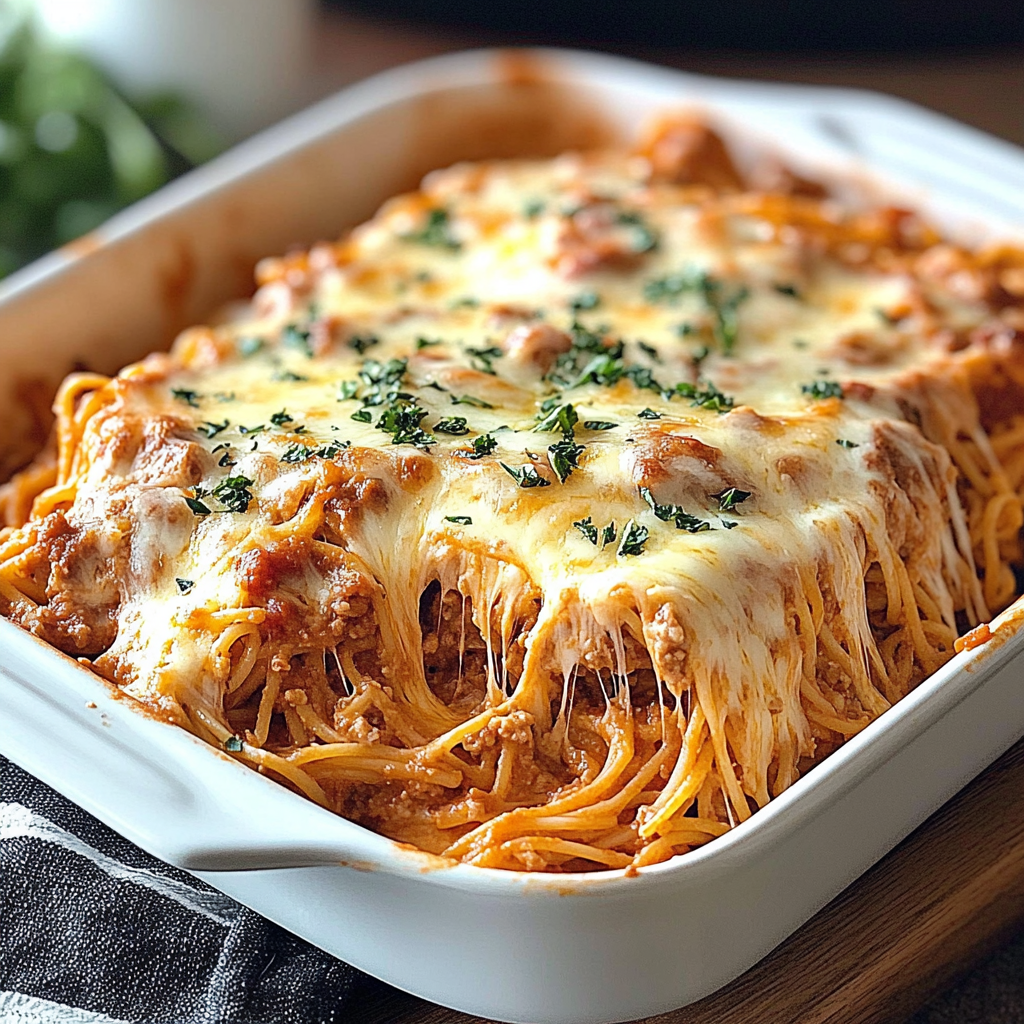 Recipe preparation for Baked Cream Cheese Spaghetti Casserole