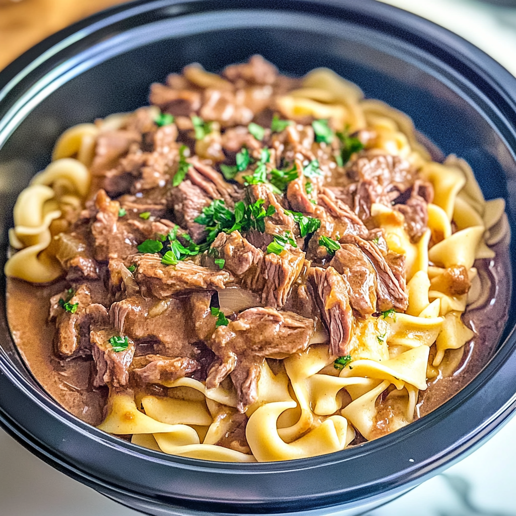Recipe preparation for Tender Crockpot Beef Tips and Noodles