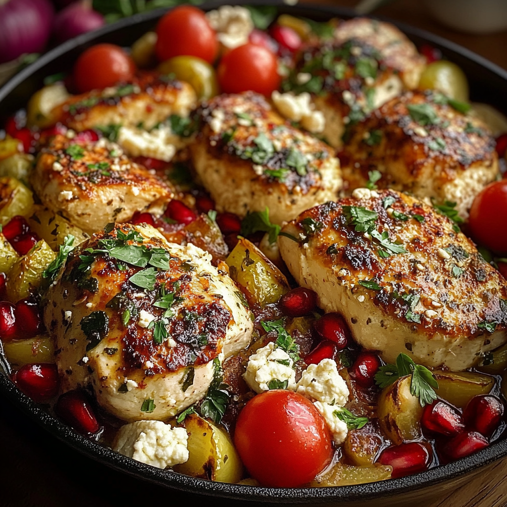 Recipe preparation for One-Pan Chicken Feta Pomegranate