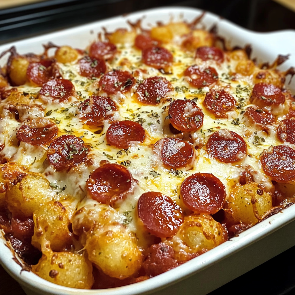 Recipe preparation for Pepperoni Pizza Tater Tot Casserole