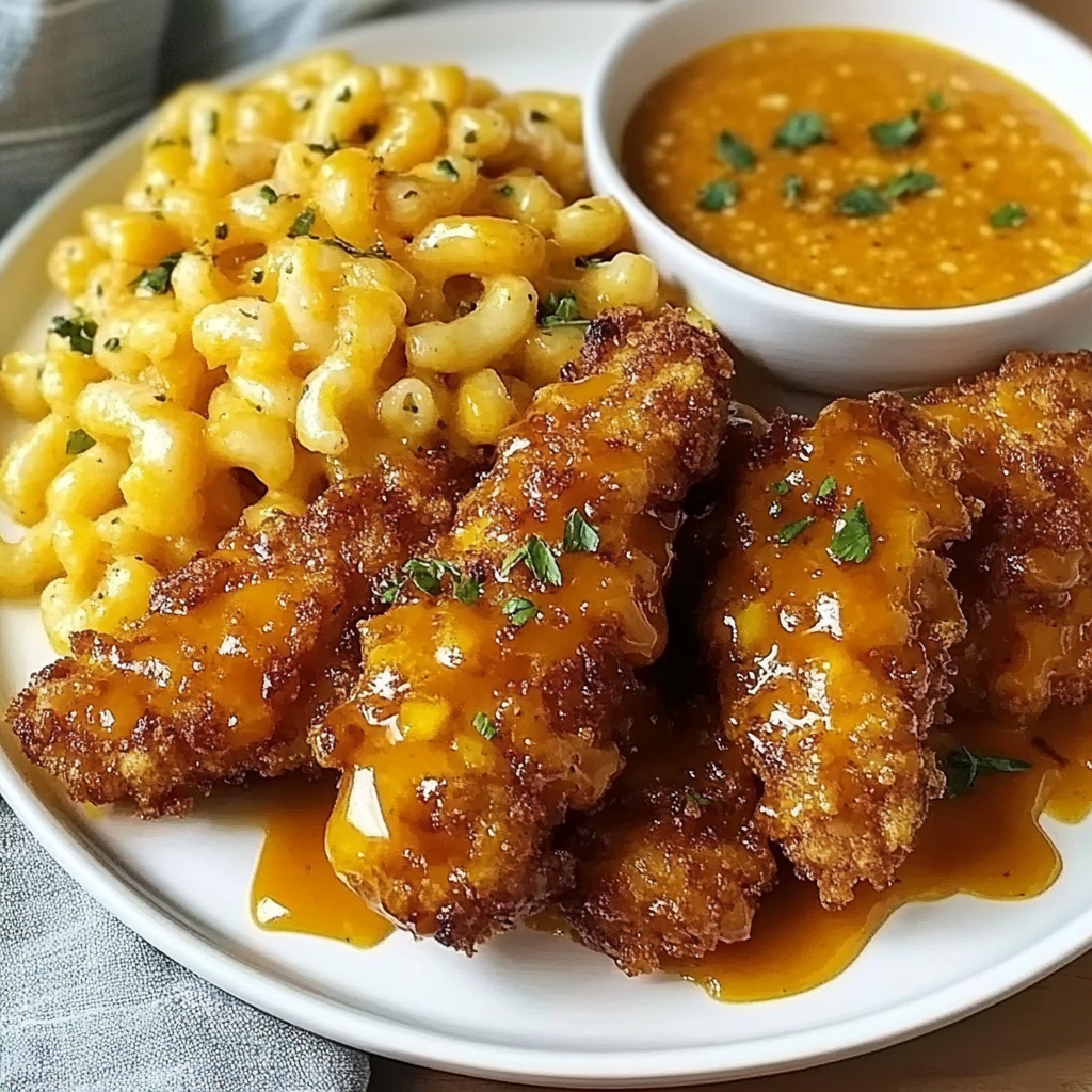 Recipe preparation for Hot Honey Chicken Tenders with Baked Mac and Cheese