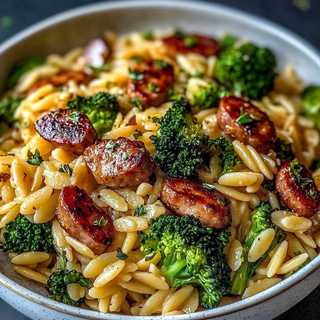Recipe preparation for Sausage Broccoli Orzo Delight