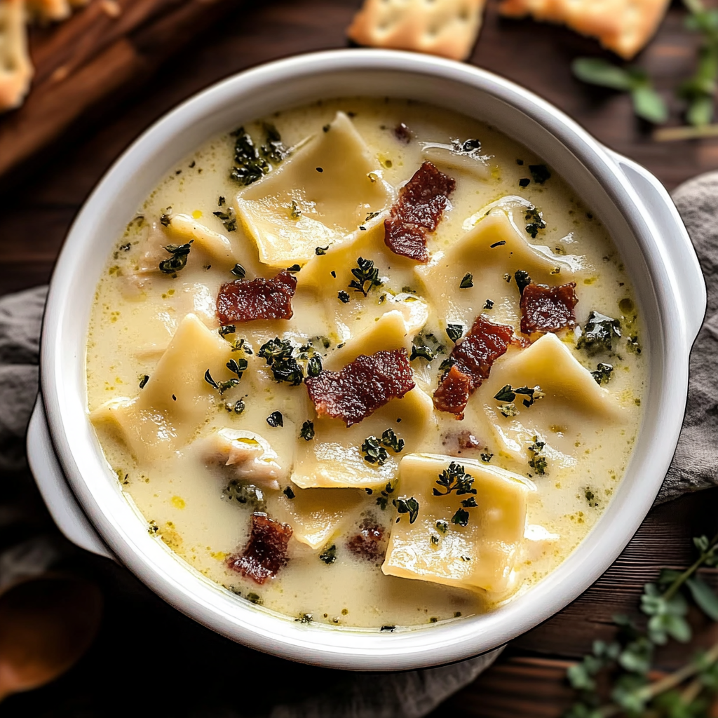 Recipe preparation for Creamy White Chicken Lasagna Soup