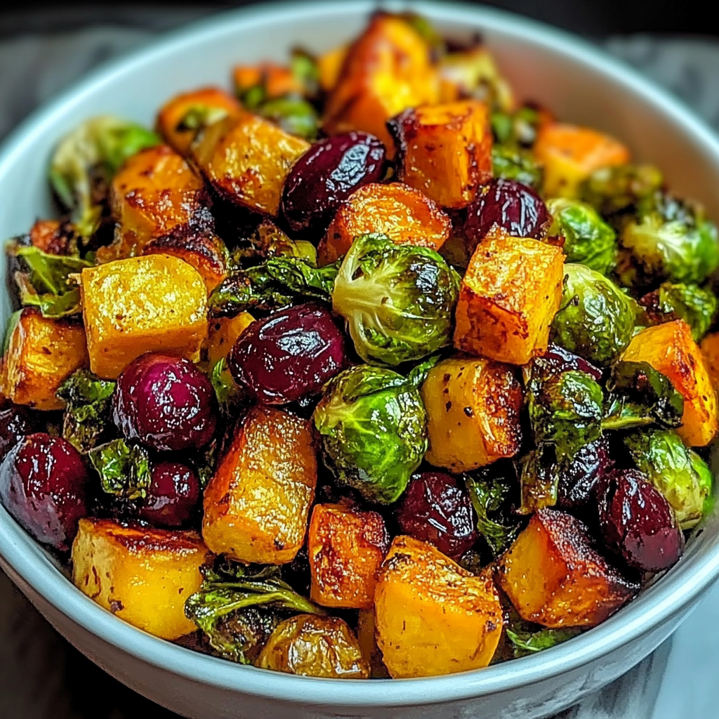 Recipe preparation for Cranberry-Glazed Roasted Butternut Squash Brussels Sprouts and Sweet Potato Salad