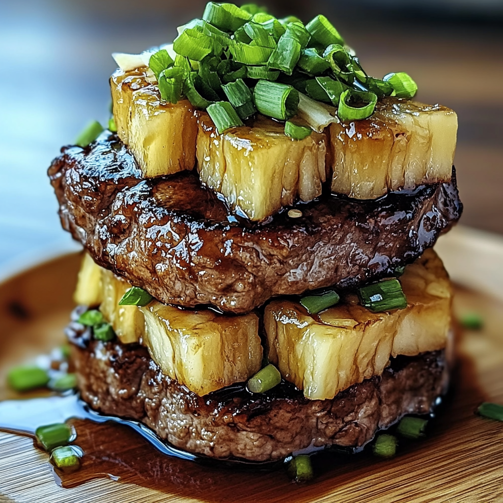 Recipe preparation for Teriyaki Beef Pineapple Rice Stack