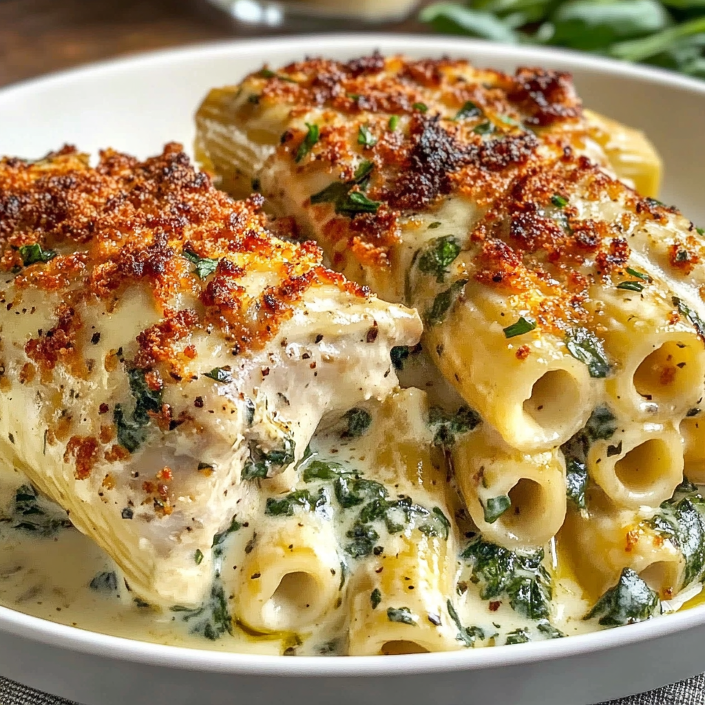 Recipe preparation for Stuffed Chicken Spinach Rigatoni