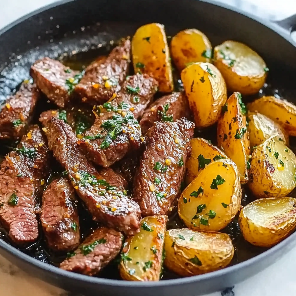 Recipe preparation for Garlic Butter Steak and Potatoes Skillet