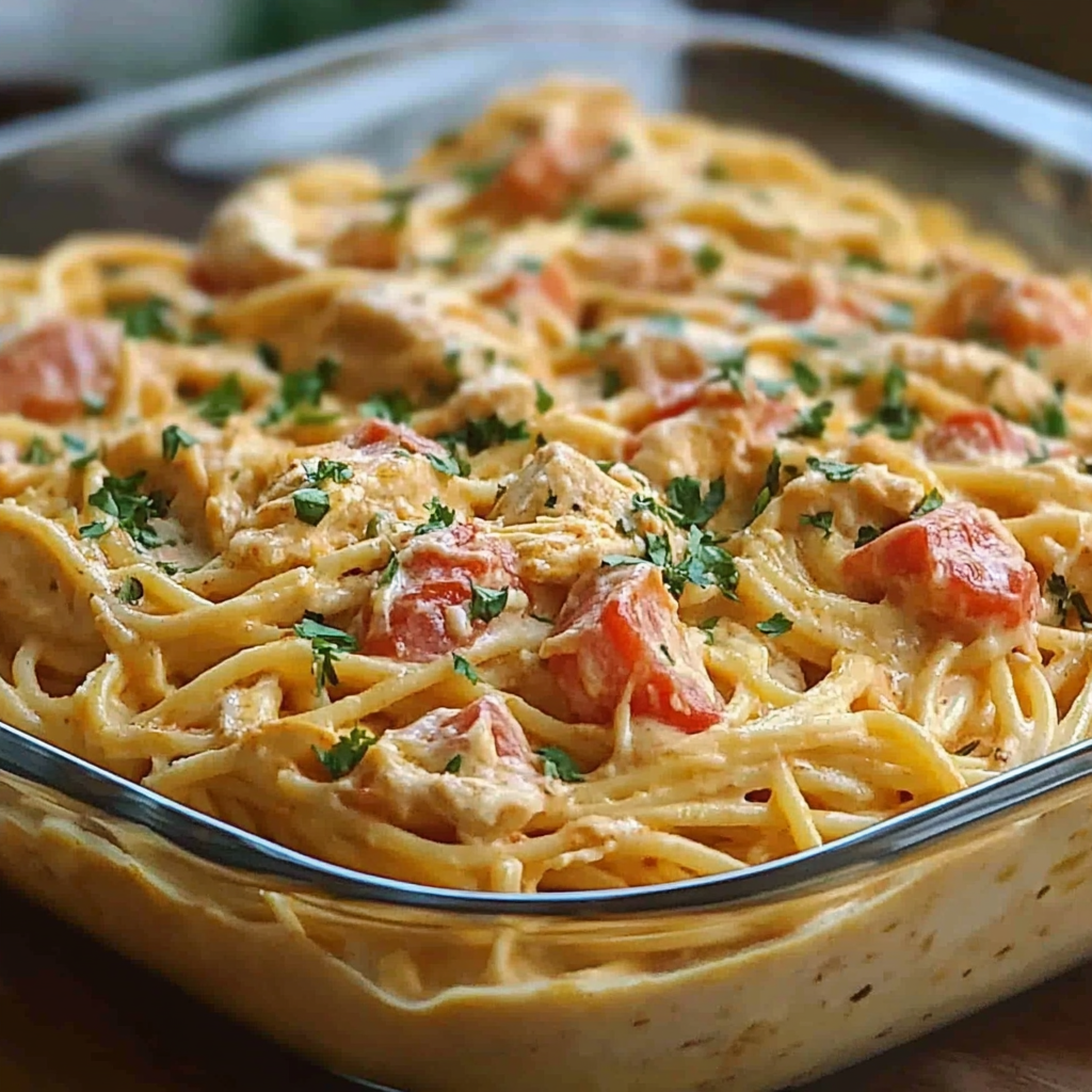 Recipe preparation for Creamy Rotel Chicken Spaghetti