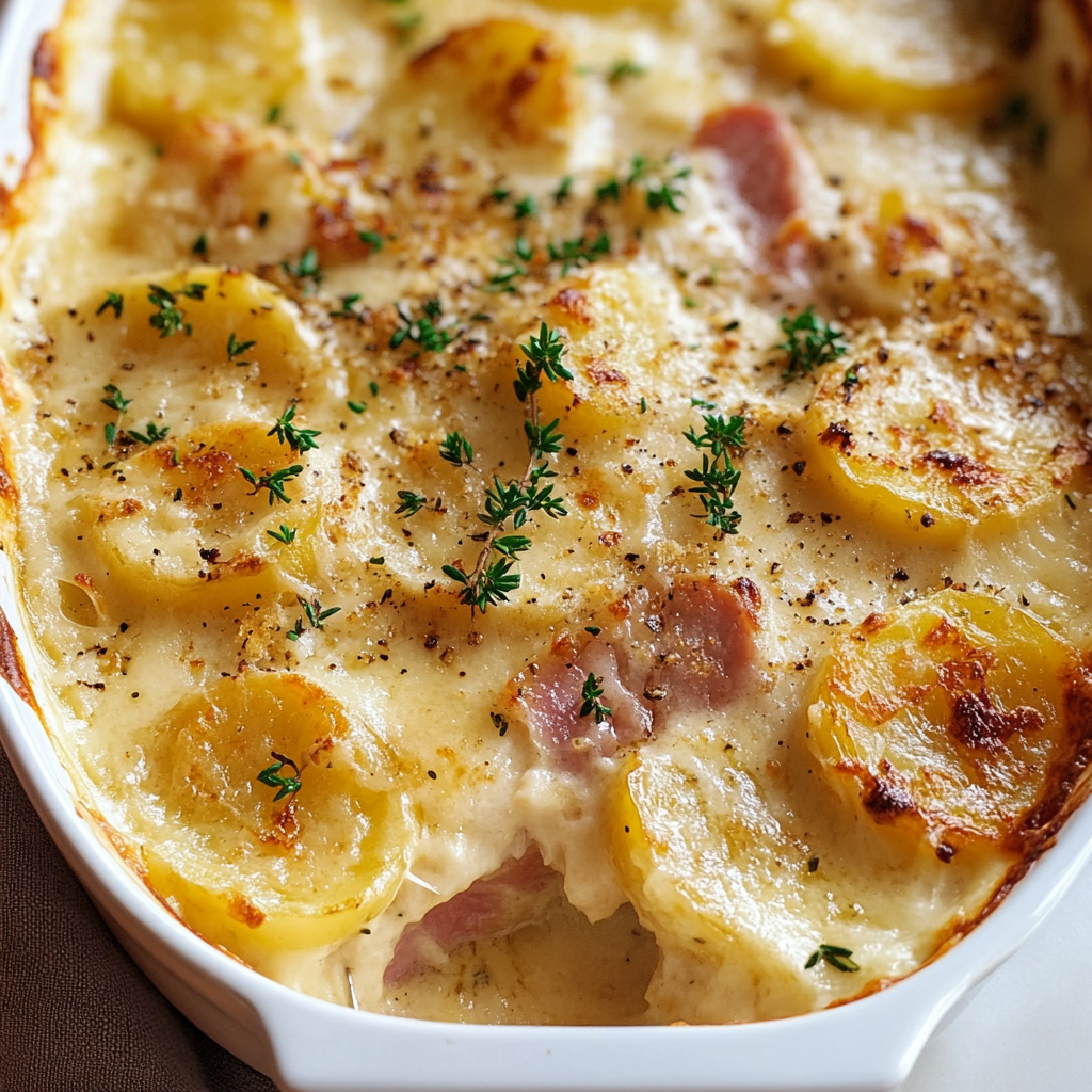 Recipe preparation for Cheesy scalloped potatoes ham