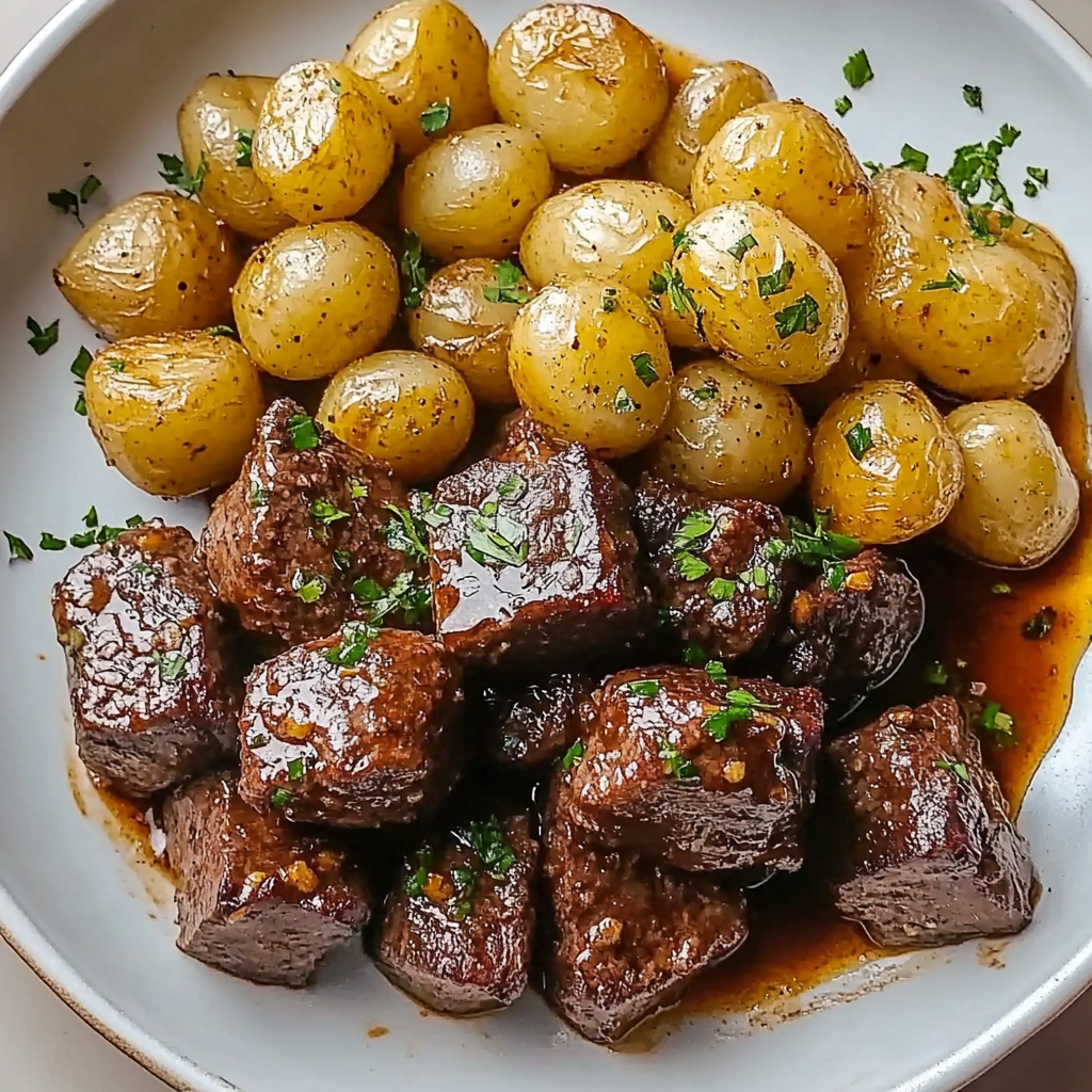 Recipe preparation for Garlic Butter Steak Bites and Potatoes