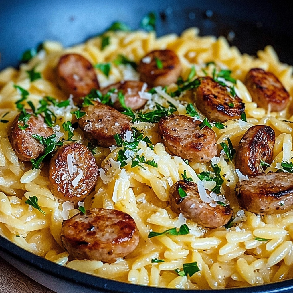 Recipe preparation for One-Pot Garlic Butter Sausage and Orzo