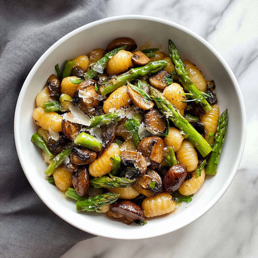 Recipe preparation for Sheet Pan Asparagus Mushroom Gnocchi Recipe