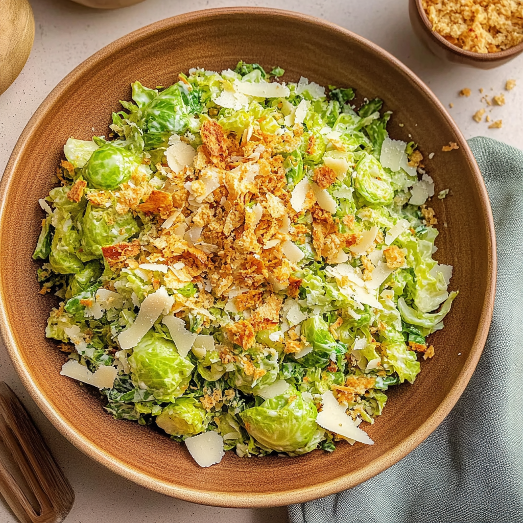 Recipe preparation for Brussels Sprouts Caesar Salad