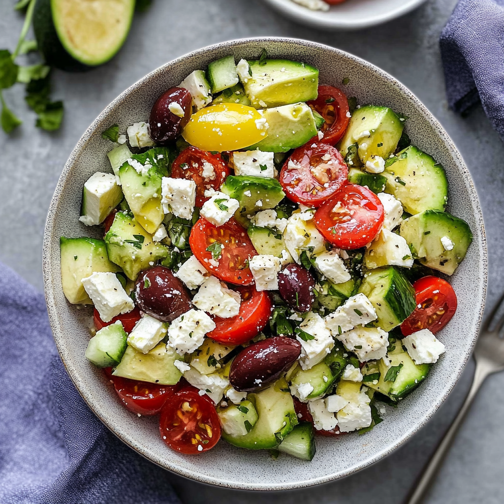 Recipe preparation for Avocado & Feta Greek Salad