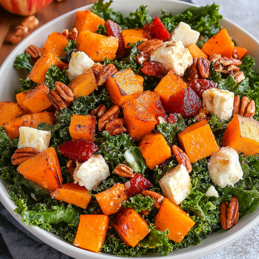 Recipe preparation for Cinnamon Roasted Butternut Squash & Kale Salad