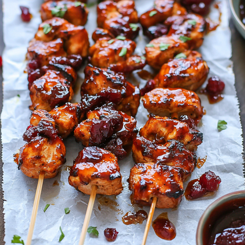 Recipe preparation for Oven Baked Cranberry BBQ Chicken Skewers