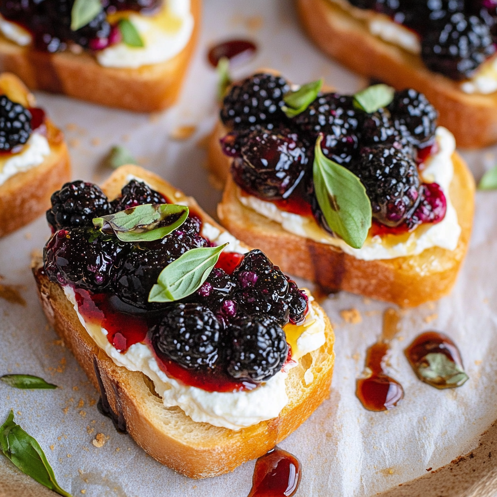 Recipe preparation for Balsamic Blackberry Bruschetta with Whipped Ricotta