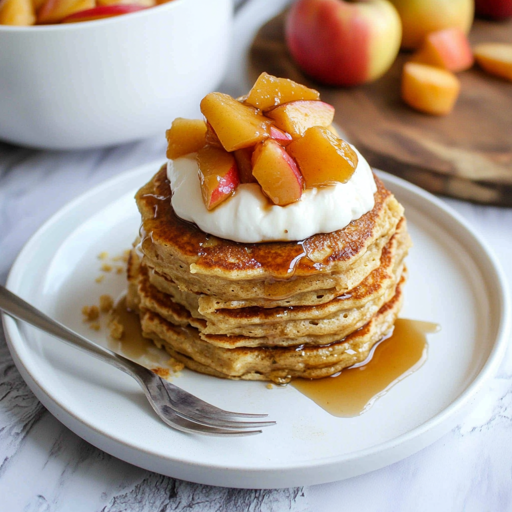 Recipe preparation for Fluffy Spiced Pancakes With Caramel Apple Compote
