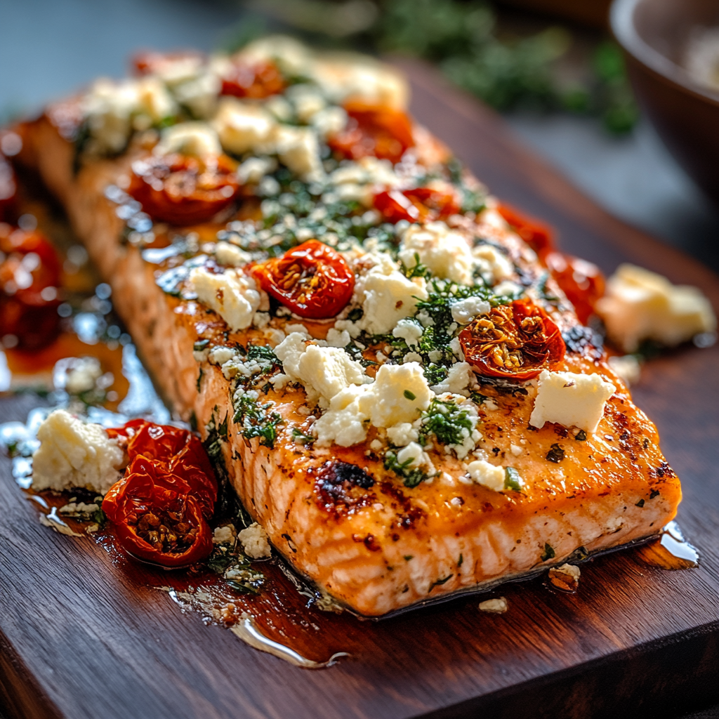 Recipe preparation for Mediterranean Baked Salmon With Feta & Sun-dried Tomatoes