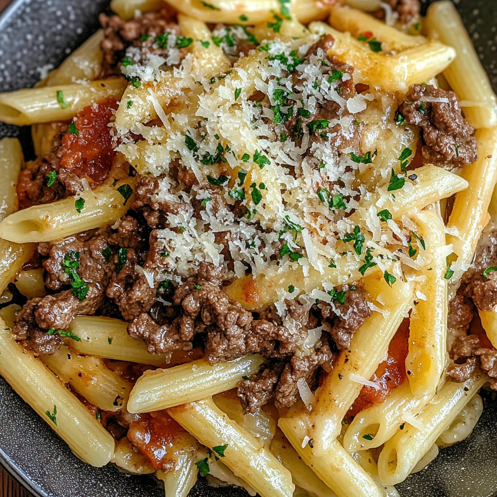 Recipe preparation for Cheesy Penne Garlic Butter Beef