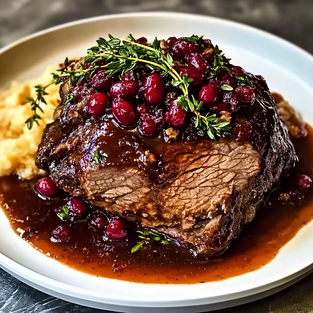 Recipe preparation for Slow-Braised Beef Roast with Cranberry Balsamic Glaze