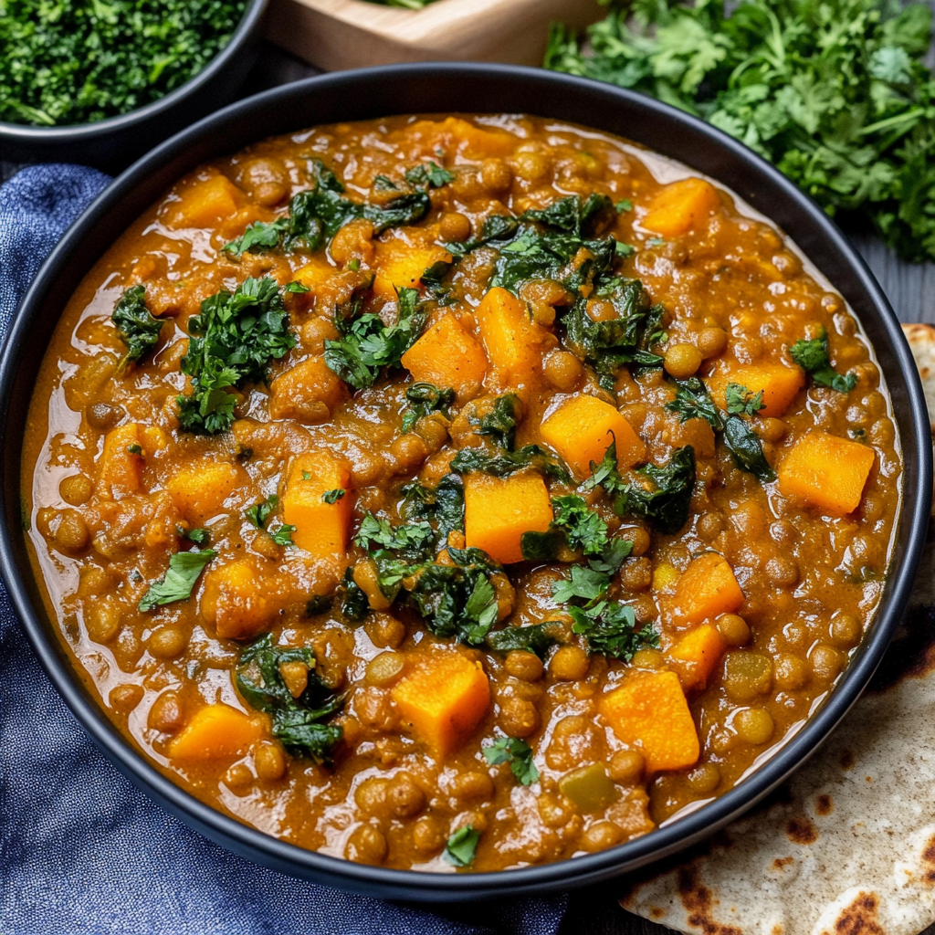 Recipe preparation for Brown Lentil Sweet Potato Curry