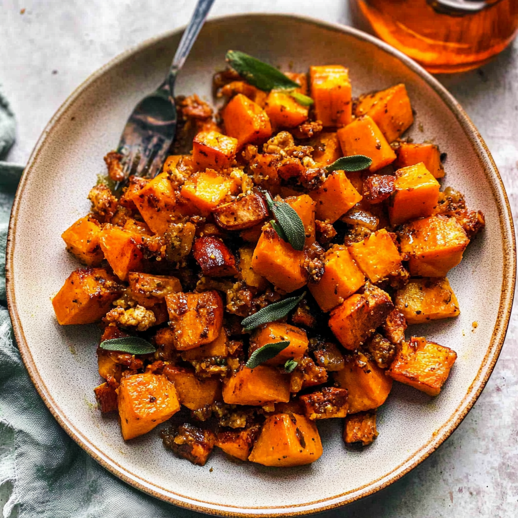 Recipe preparation for Roasted Butternut Squash with Candied Walnuts