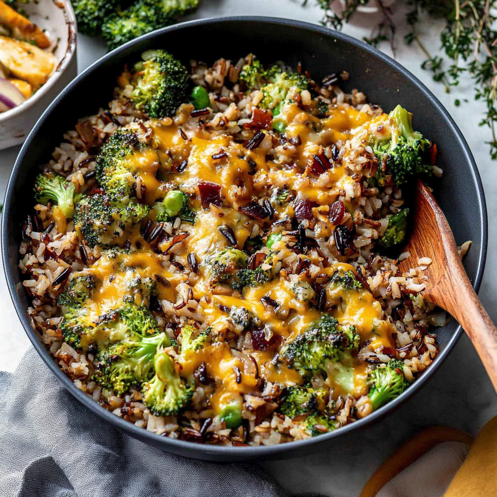 Recipe preparation for One Pan Wild Rice and Cheesy Broccoli Casserole