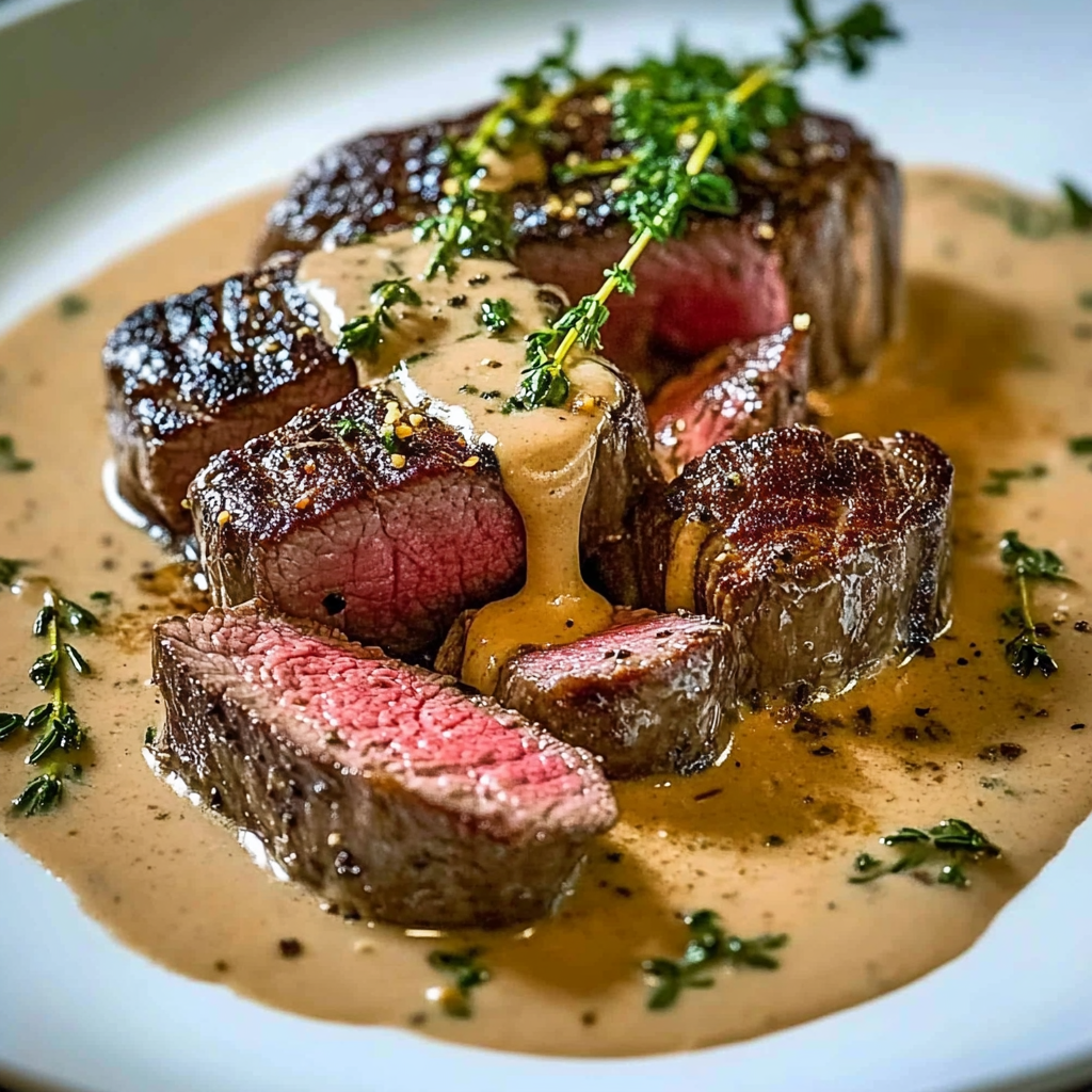 Recipe preparation for French Seared Steak with Cognac Cream Sauce