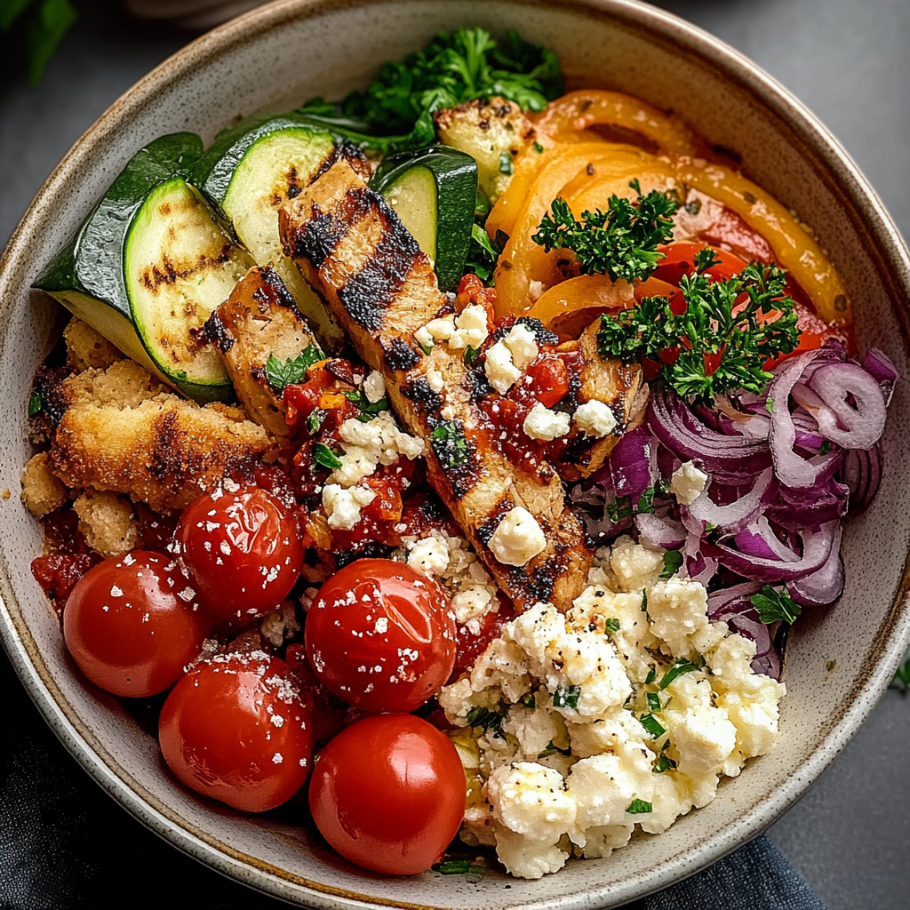 Recipe preparation for Grilled Mediterranean Bowl
