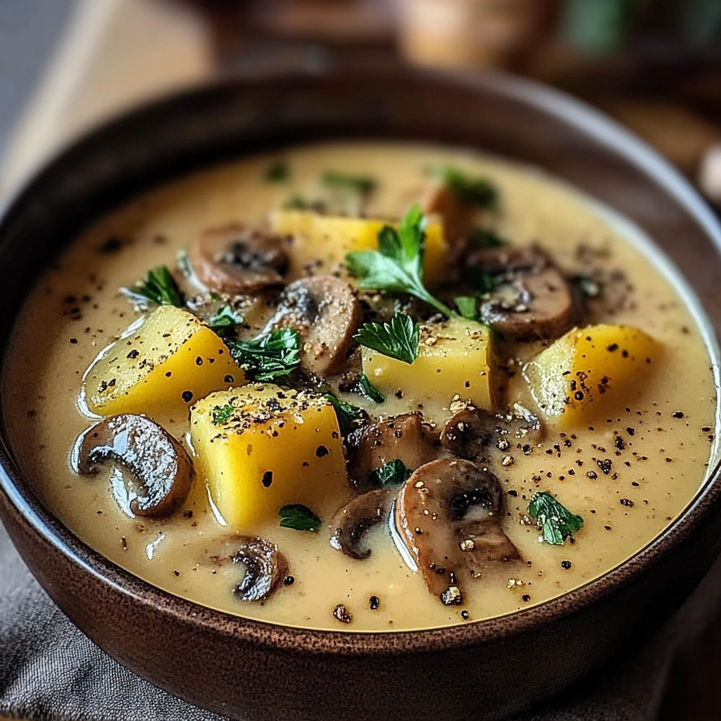 Recipe preparation for Creamy Mushroom Potato Soup